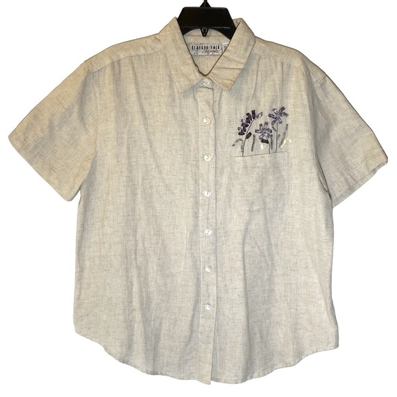 VINTAGE Bedford Fair women Large linen blend button up floral embroidered shirt - Picture 1 of 7